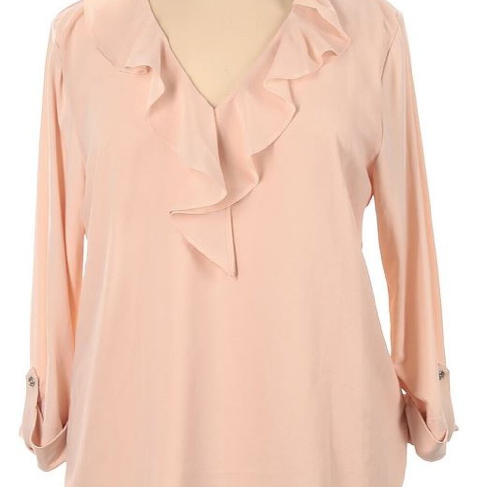 Karl Lagerfeld Paris Blush Pink Ruffle Vneck Blouse, NWT XL